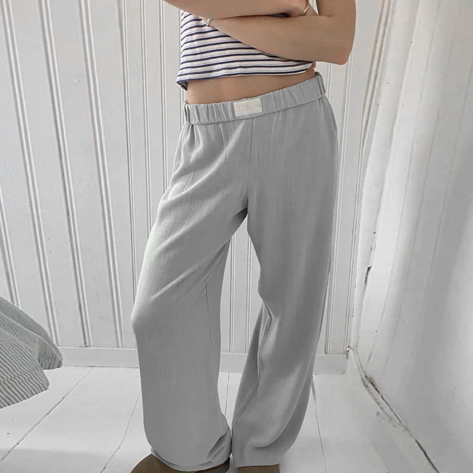 Combhasaki Womens Y2K Vintage Retro Casual Long Pants Elastic Wide Band Waist Solid Loose Trousers Loungewear Pants Streetwear