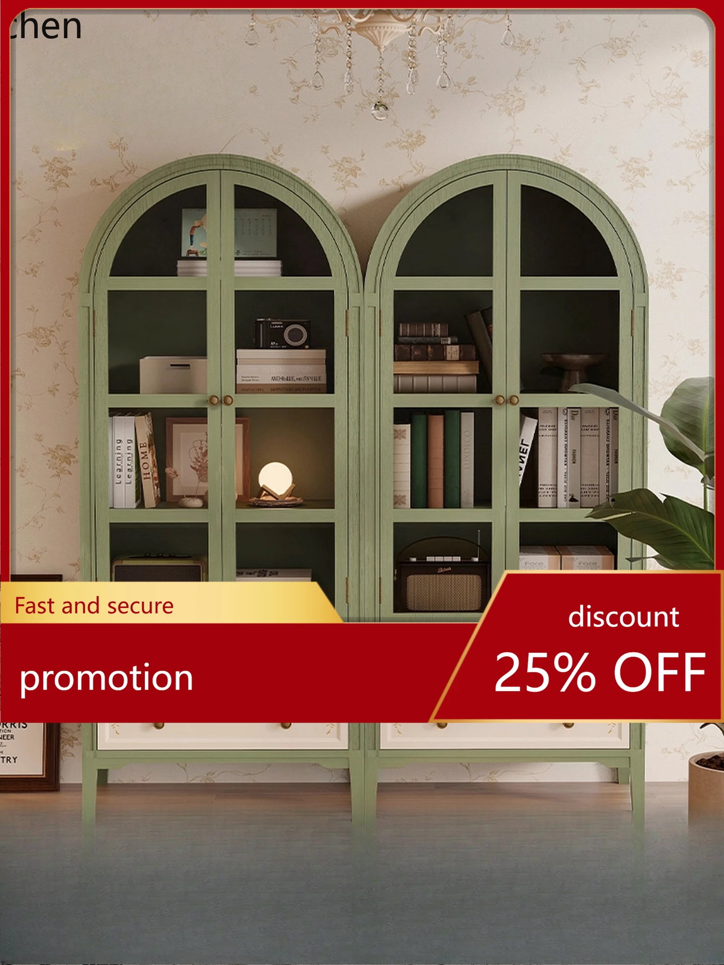 

CZ Arched Painted Combination Bookcase Living Room Side Cabinet Bedroom Home Vintage Style Green High Cabinet