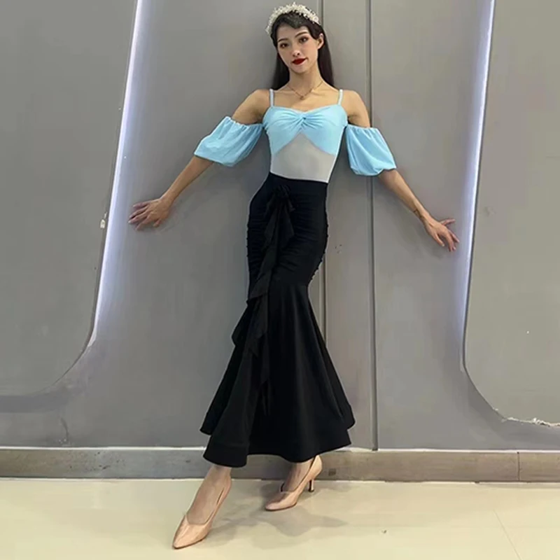 Ballroom Dance Performance Costume Blue Off-Shoulder Tops Fish Tails Skirt Waltz Dance Clothing Women Tango Dance Dress DL11371