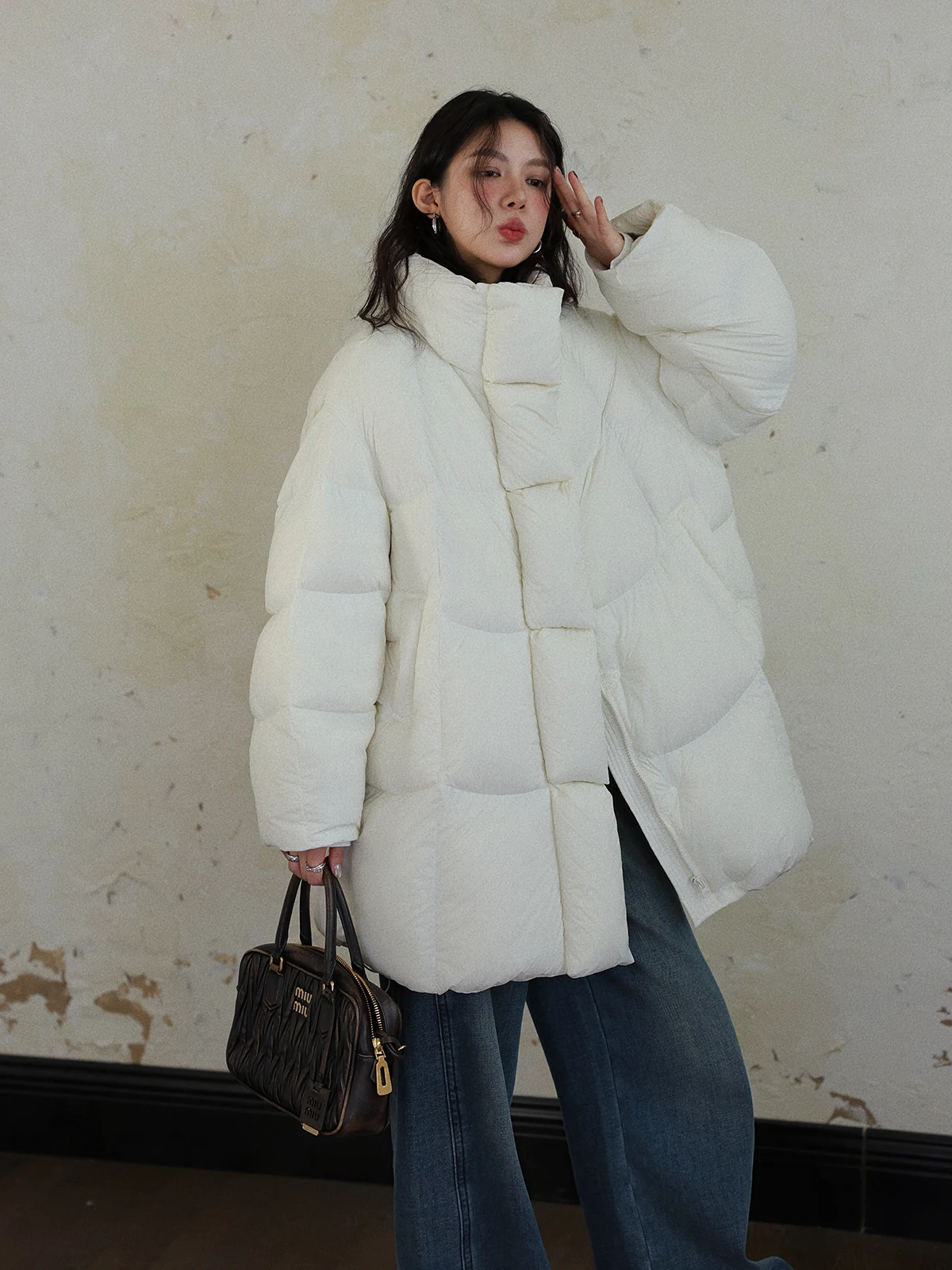 

DR Cloud Doughnut Thiened 90 down Mid-Length Women's Puffer Jaet Stand Collar Long Sve Warm Faux Fur Coat