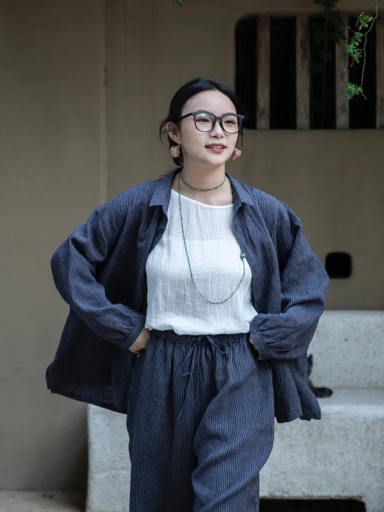 

Loose Women's Linen Shirt Casual Style Striped Dark Blue Casual Loose Fit Breathable Comfortable Long Sleeve Top
