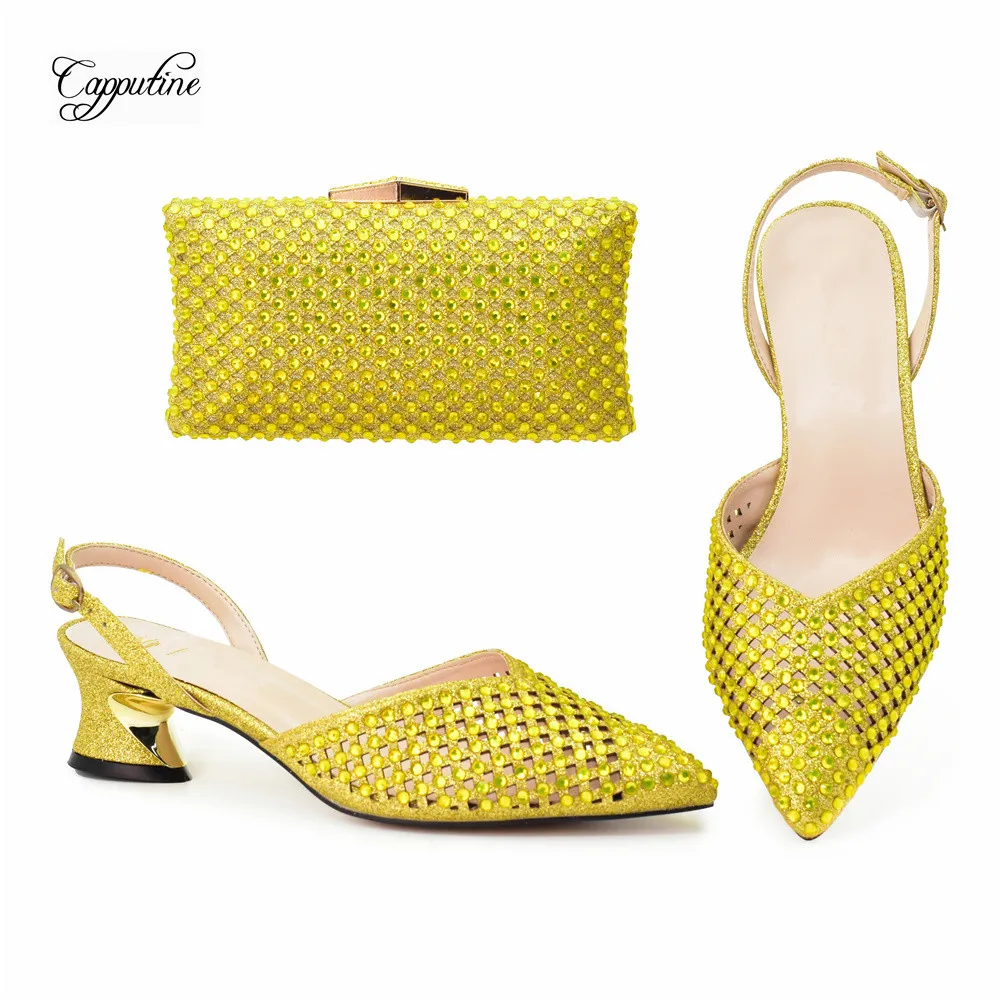 Yellow Woman Shoes And Bag Set Luxury Stones Pumps Match With Handbag High Heels Sandals Purse Femmes Sandales Escarpins A108-2