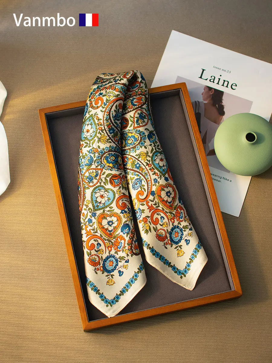 VANMBO New Vintage Mulberry Silk Scarf, Elegant Small Square Silk Bandana, Perfect Gift