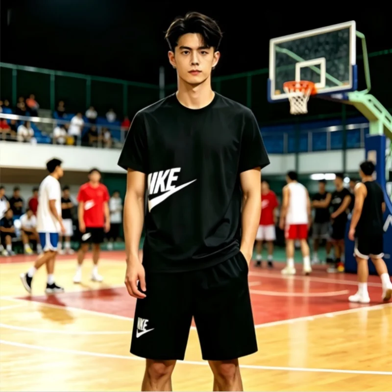 Casual Men Short Sleeve T-shirt Chest Letter Print Round Neck Drawstring Elastic Waist Shorts Loose Summer Two Piece Tracksuit
