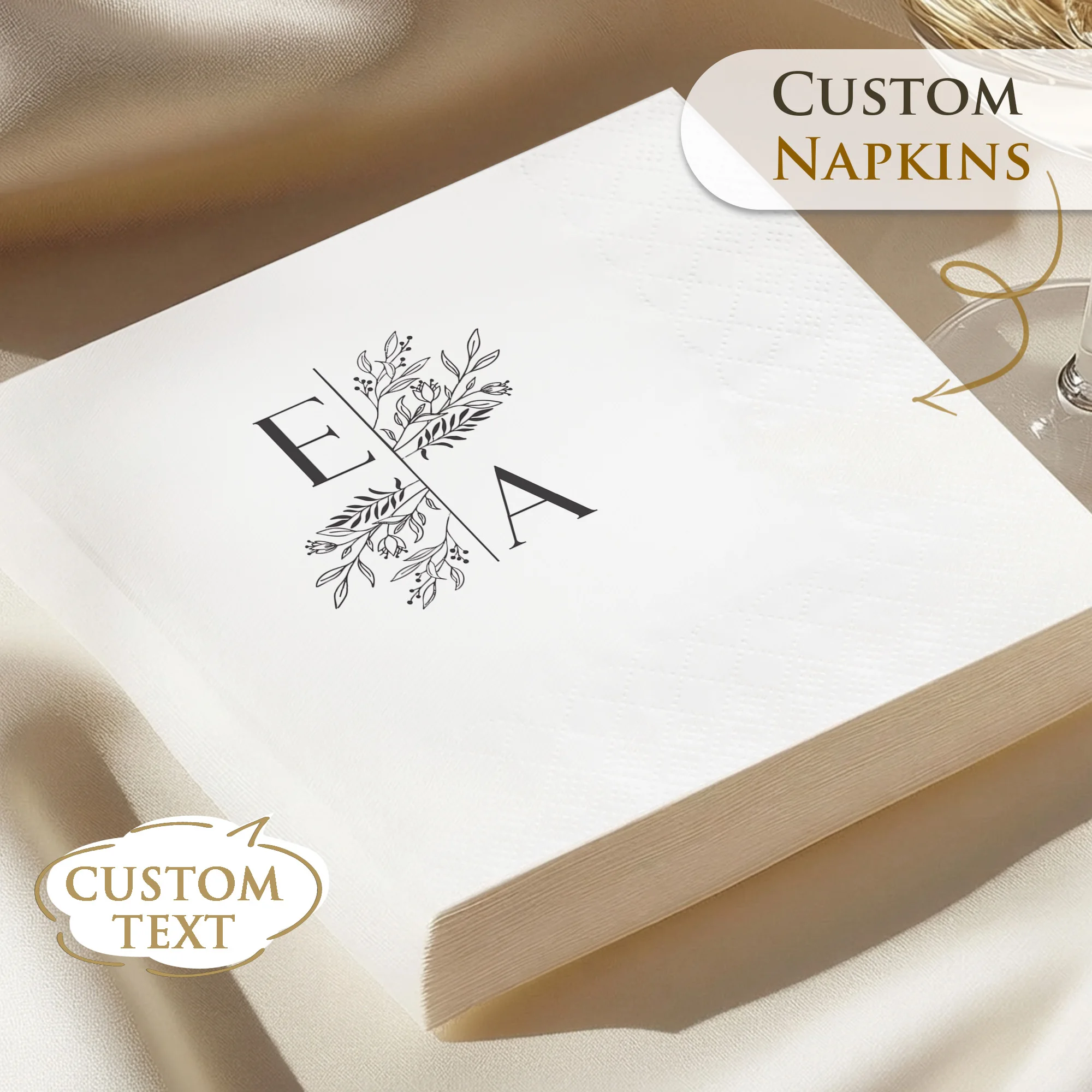 Personalisierte Servietten, 3-lagige, individuell gestaltete Cocktail-Servietten, Monogramm-Einweg-Papierservietten für Hochzeiten, Junggesellinnenabschiede und Brautparty-Dekorationen. – Detail 1