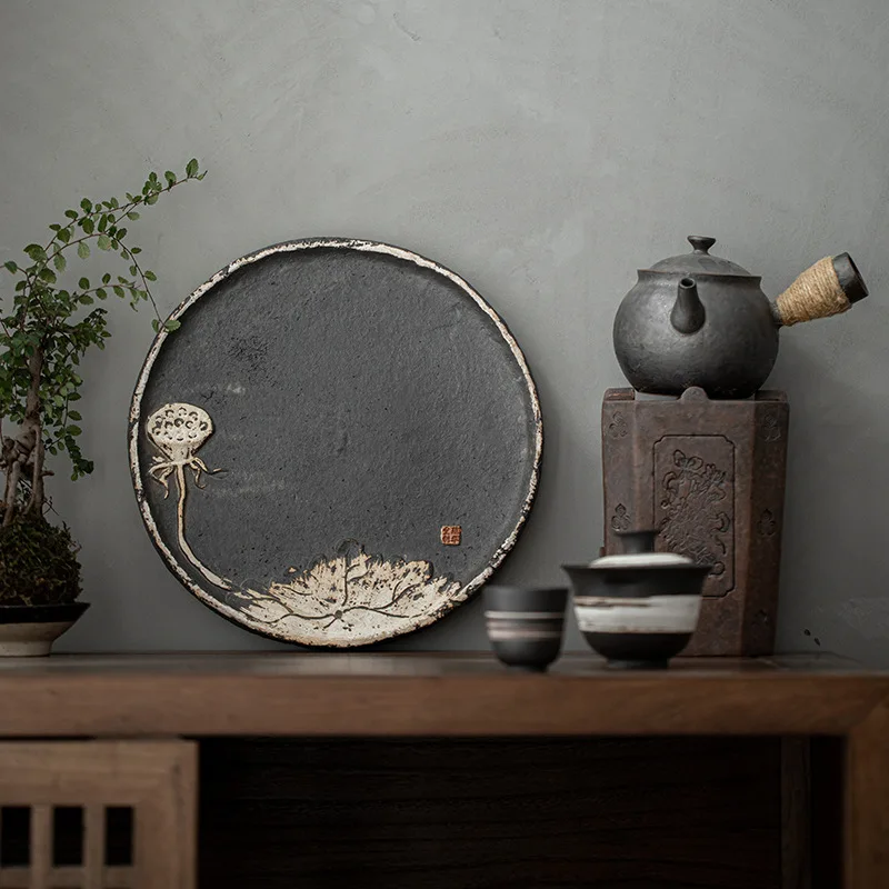 Retro Coarse Pottery Round Tea Tray Wabi-sabi Style Pot Bearing Plate Large Hand-embossed Lotus Dry Bubble Plate Kung Fu Tea Set