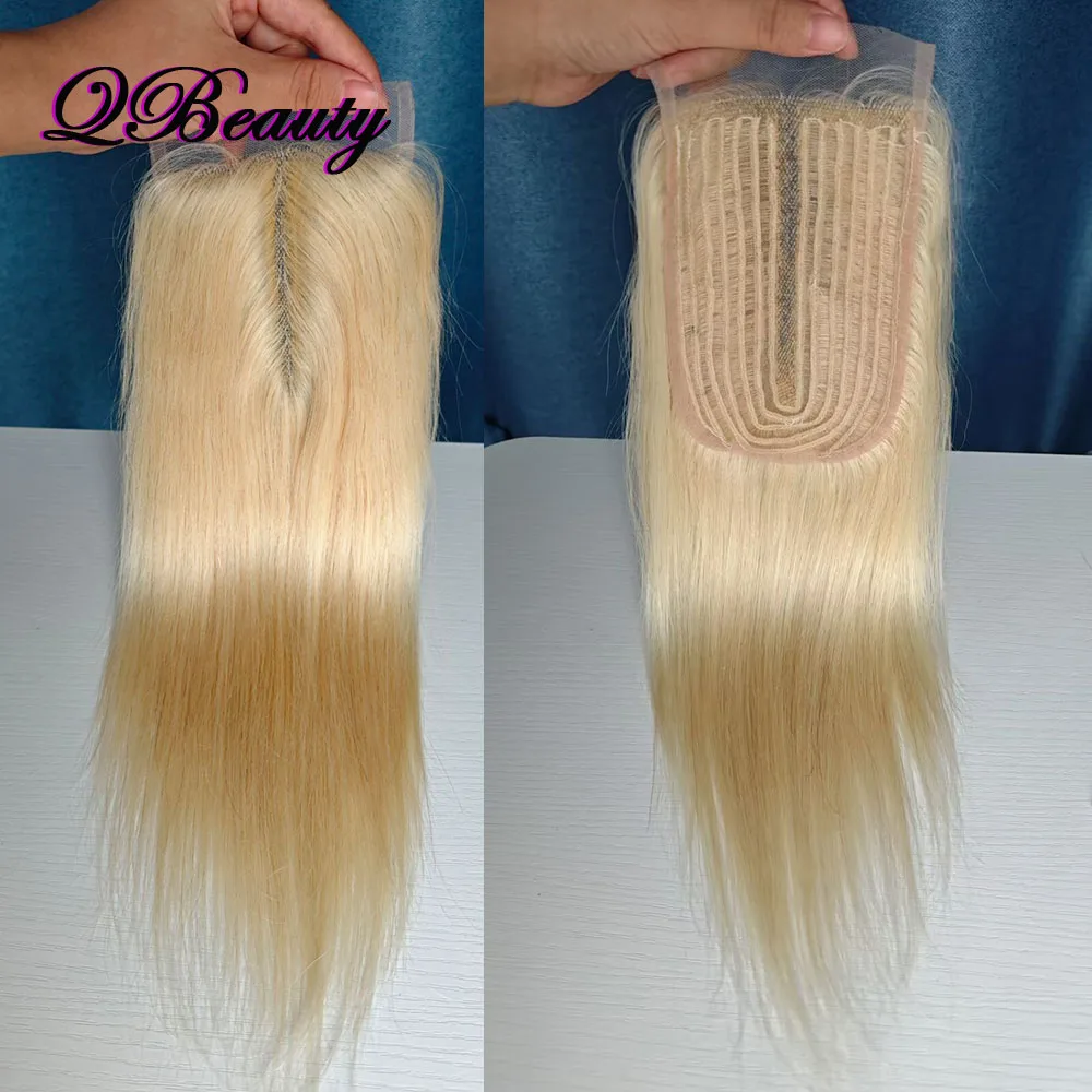 # 613ブロンドTレースクロージャーレミー人毛ディープミドルパート透明レースナチュラルヘアライン12インチシルキーストレートQBeauty