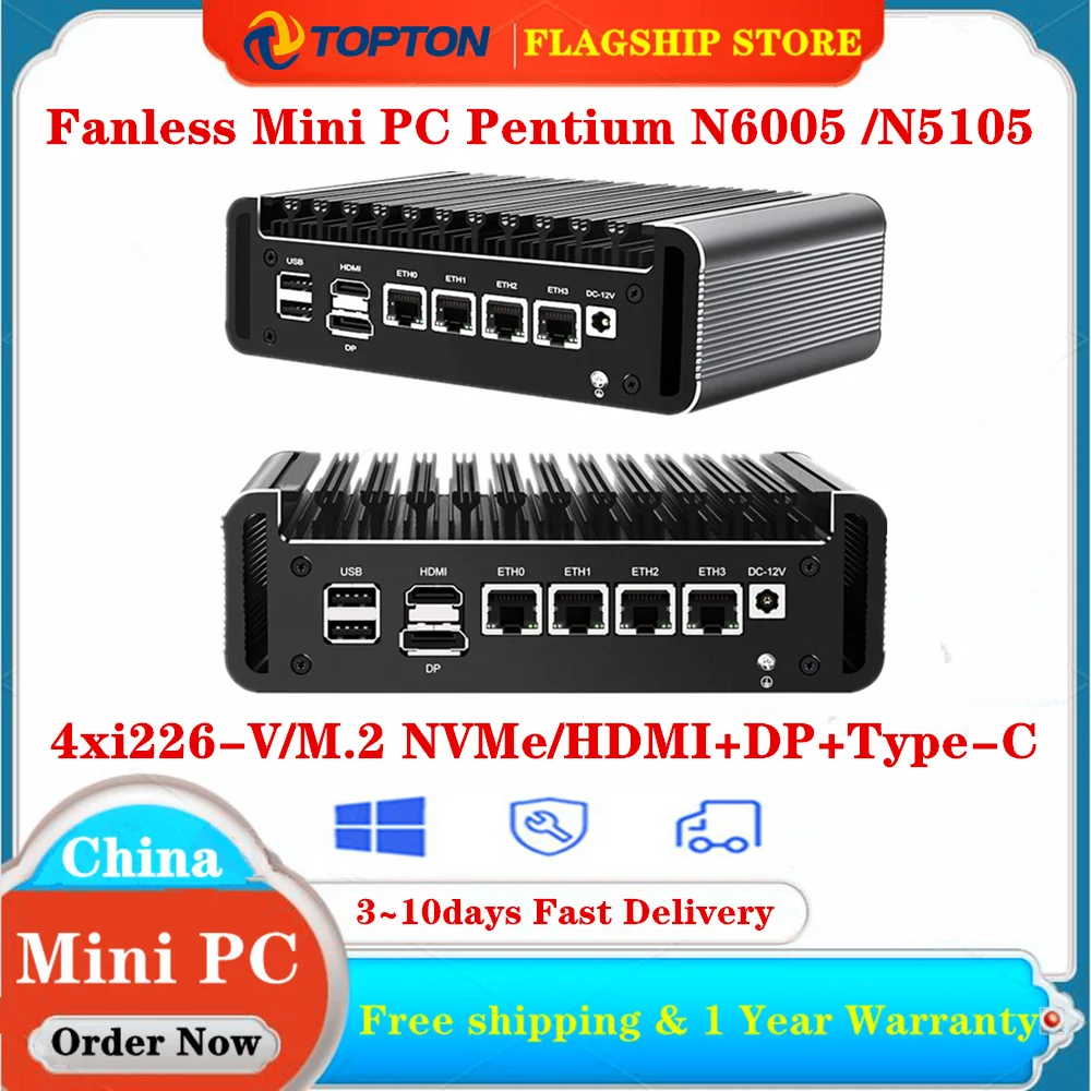 

2022 New 11th Pentium N6005 N5105 2.5G Soft Router 4 Intel i226 Nics 2*NVMe 2*DDR4 Fanless Mini PC Firewall Appliance VPN Server