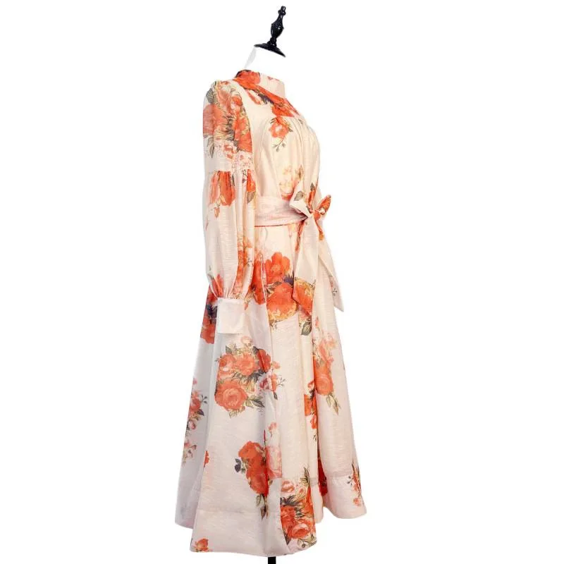 ชุดเดรสยาวพิมพ์ลายแฟชั่นทรงเอ็มไพร์ คอตั้ง แต่งเข็มขัด ผ้ากำมะหยี่ สำหรับผู้หญิง ฤดูใบไม้ผลิ ฤดูร้อน ฤดูใบไม้ร่วง