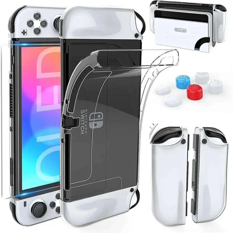 Suitable for Nintendo Switch OLED Protective Case TPU Material Split Case with Screen Tempered Film and 6 Thumb Keycaps