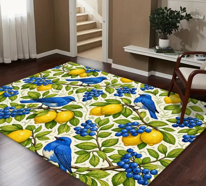 1pc Modern Botanical Carpet Suitable for Living Room, Bedroom, Dining Rug - Vibrant for Blue Bird & Lemon Berry Print Non-Slip