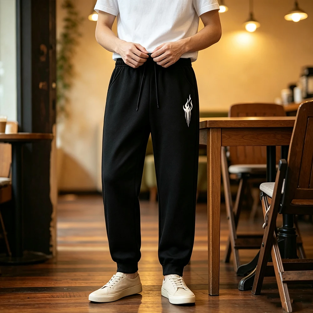 Men Fleece Lined Long Trousers Flame Print with Elastic Drawstring Waist Pockets Athletic Pants Outdoor Casual Daily Sweatpants