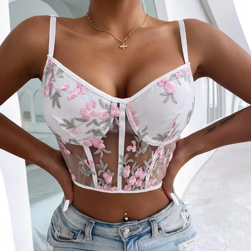 Fashion Floral Embroidery Camis Top Women White Backless Top Ladies Boho Summer Mesh Patchwork Sexy Cropped Bra Small Tank Top