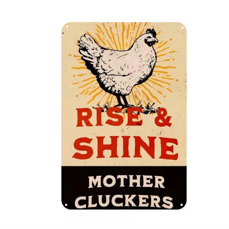 2D Flat Vintage Iron Tin Sign, Chicken & Rise & Shine Mother Cluckers Design, Retro Sunburst, Farmhouse Kitchen Home Decor - Hum