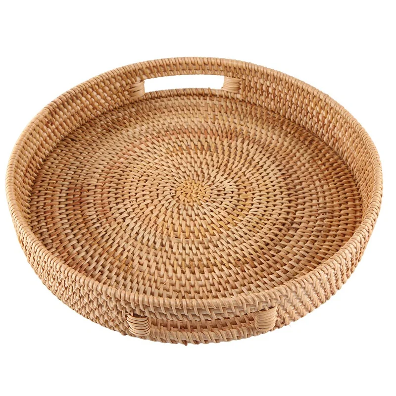 Round Rattan Serving Tray Decorative Woven Ottoman Trays with Handles for Coffee Table Natural(Large)