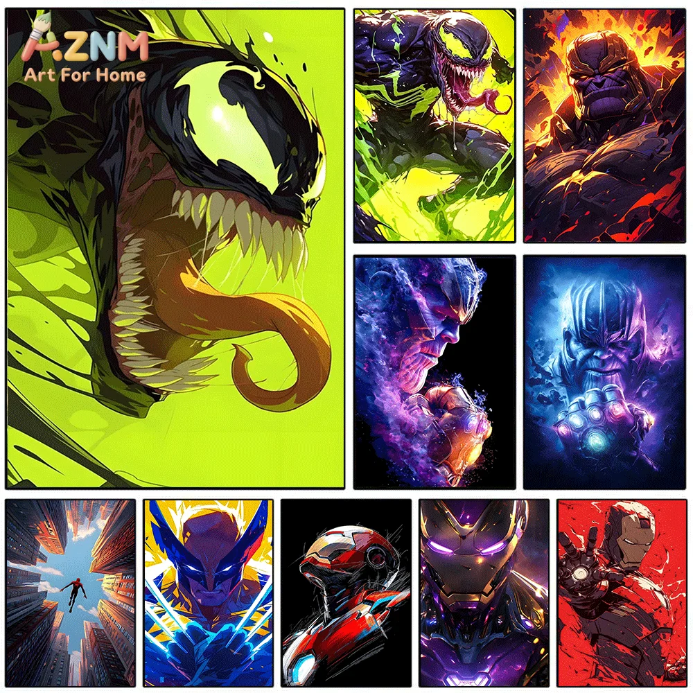 AZNM Cool Marvel Villains Superhero Frameless Canvas Wall‑Art Print Venom Thanos Wolverine Iron‑Man Vibrant Comic Character Po