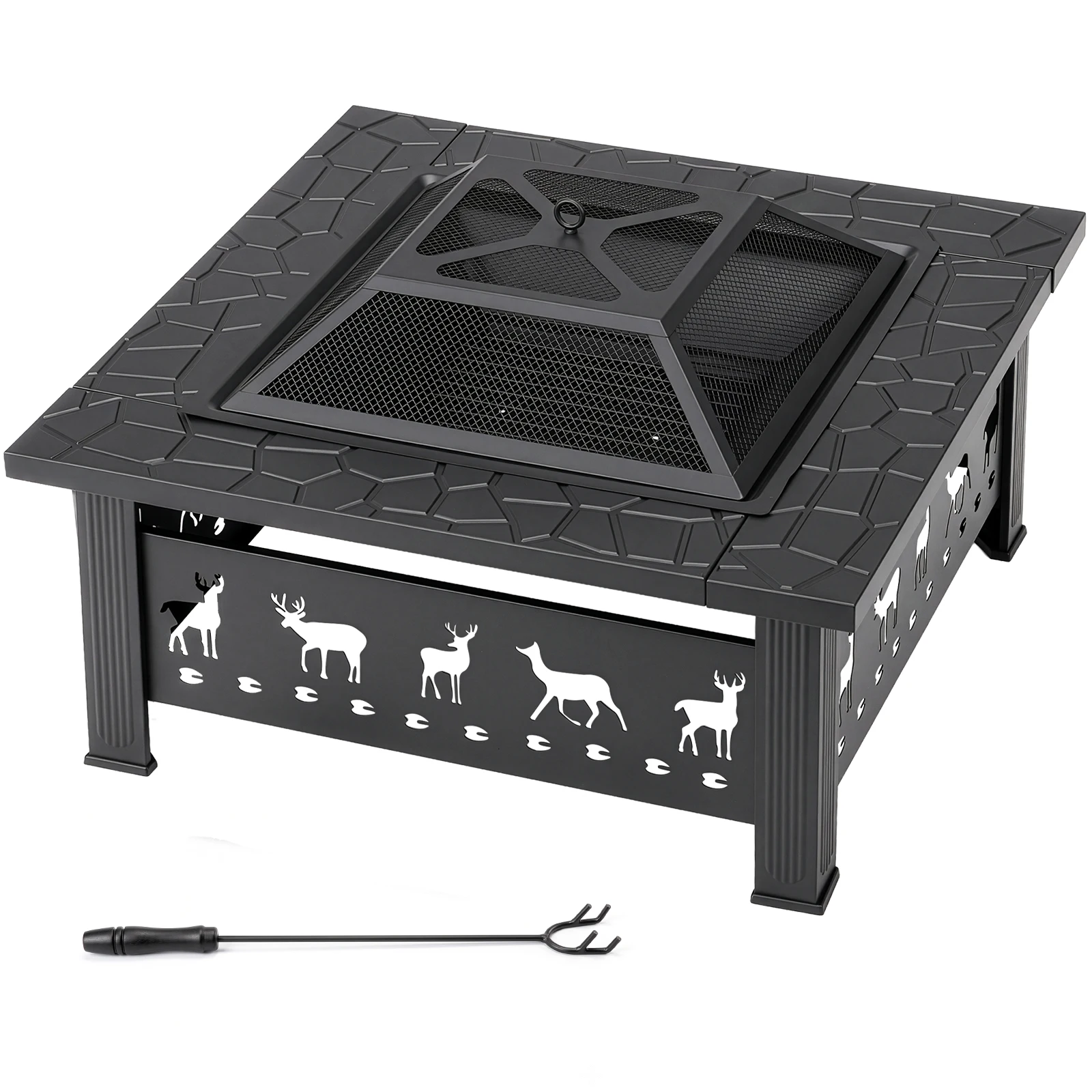 32 Inch Square Outdoor Wood Burning Fire Pit Table, Heavy Duty Wrought Iron Firepit with Pyramid Spark Screen Lid & Fire Poker, Decorative Elk Cutout Patio Fire Pit for Backyard, Garden, Lawn and Camping, Black