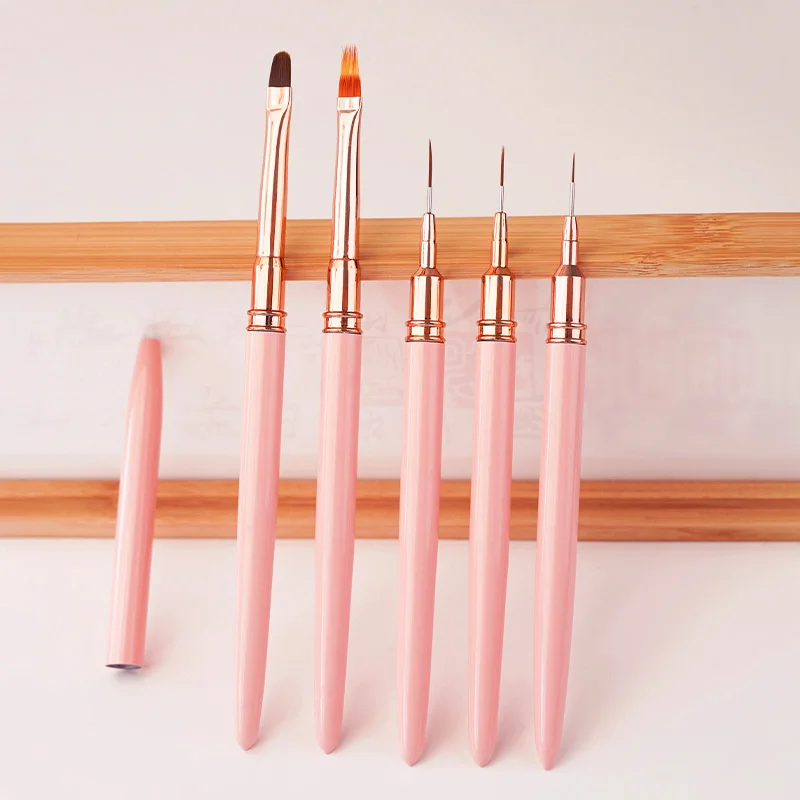 5Pcs Pink Metal/Plastic Shell Nail Drawing Pen Set Professional Fine Liner Flat Brushes Manicure Striping Tools for DIY Nail Art