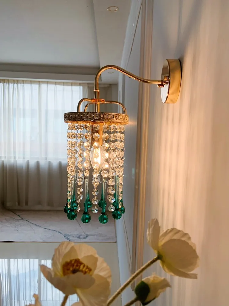 Italian Vintage Colourful Water Drop Crystal Wall Lamp French Court Gold Corridor Bedside TV Background Wall Decorative Lamps