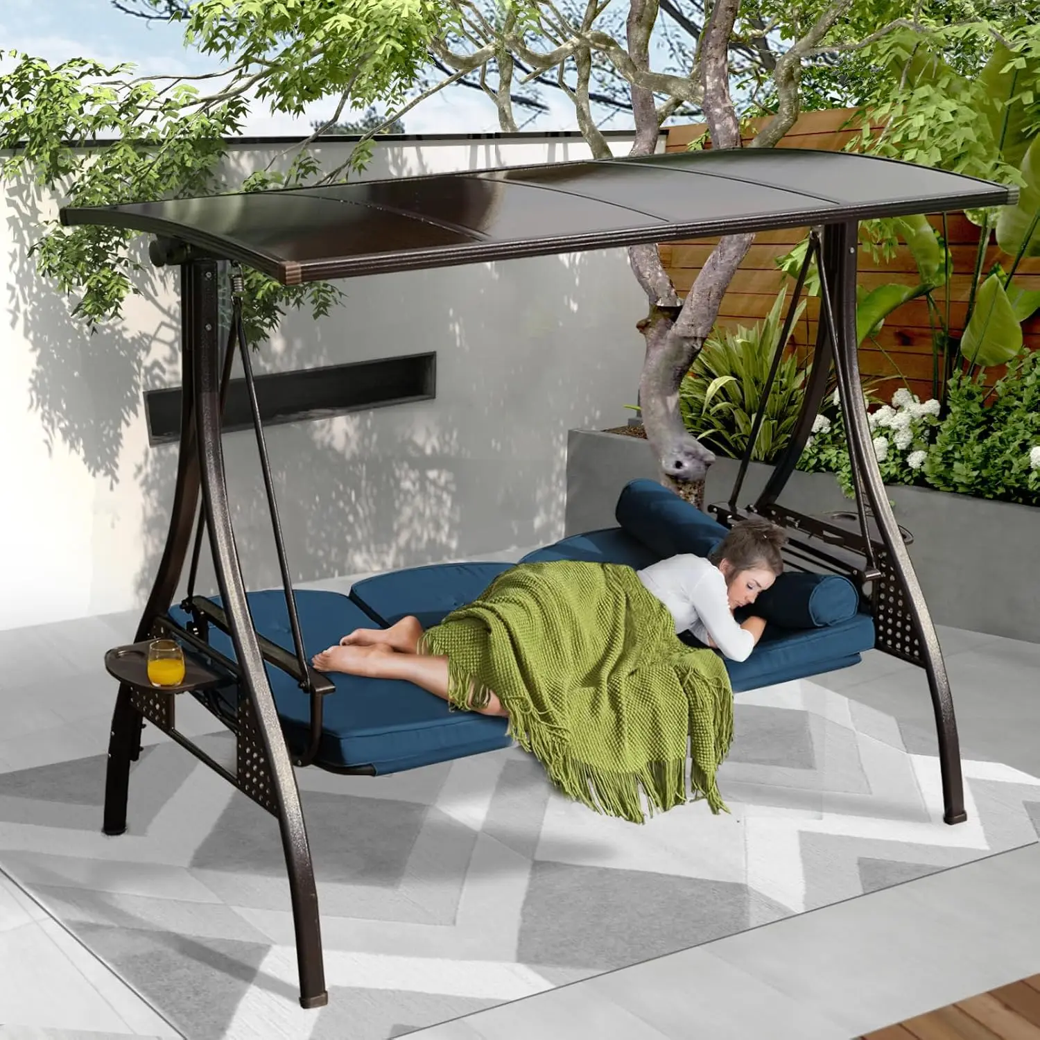 

Уличные садовые качели-диван для патио, трехместные, трансформируемые, для взрослых, с утолщенными подушками, подстаканниками, для заднего двора, синие