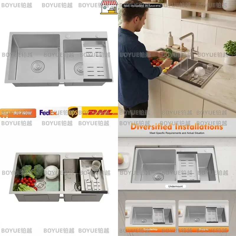 78cm Double Bowl Kitchen Sink Stainless Steel 43cm Silver Basin Set with Hoses Topmount Undermount Drop In Countertop Fixture
