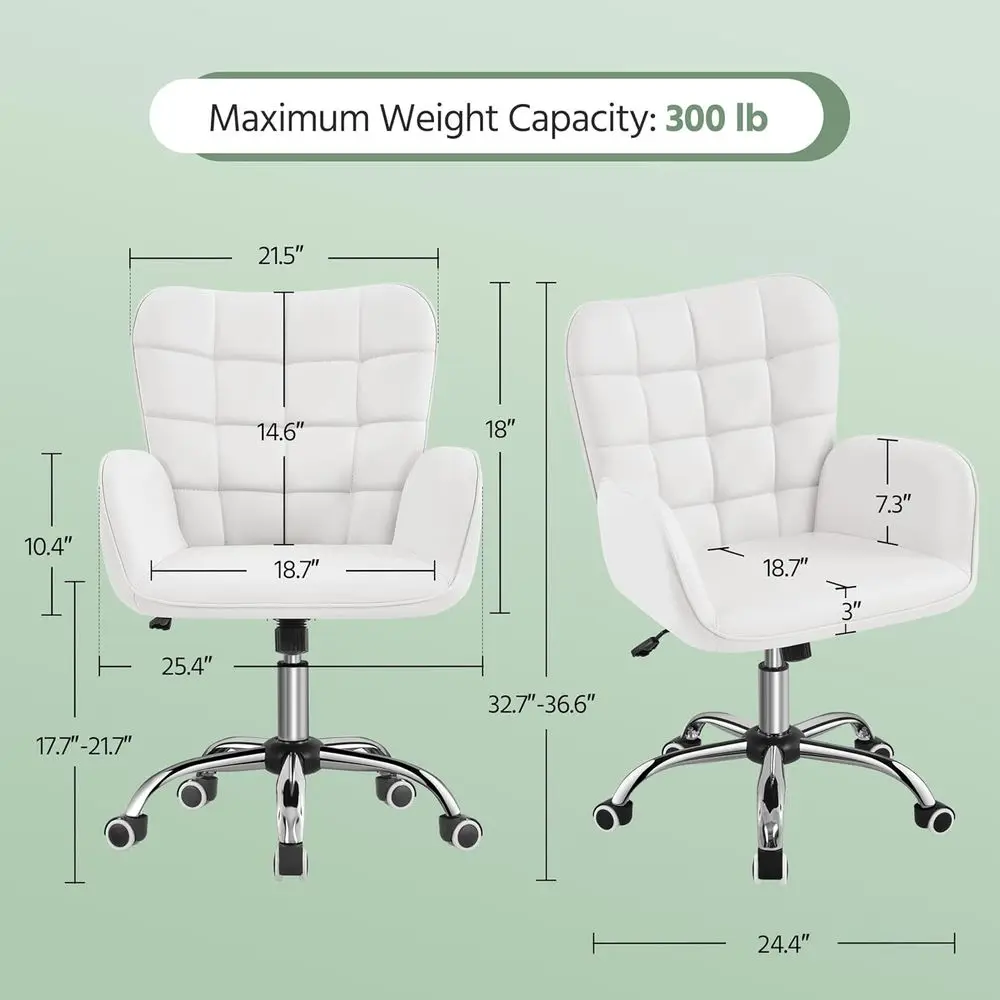 Ergonomic Adjustable Makeup Chair with Padded Armrests, Big Seat for Office, Bedroom, Living Room, White | Wide foam seat and ea view 3