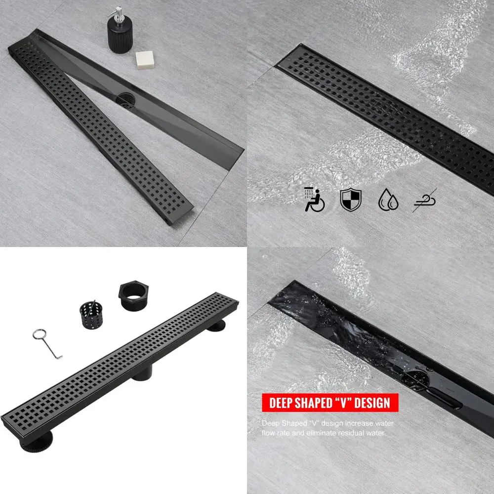 18 Inch Matte Black Square Grid Shower Drain with Hair Strainer and Leveling Feet