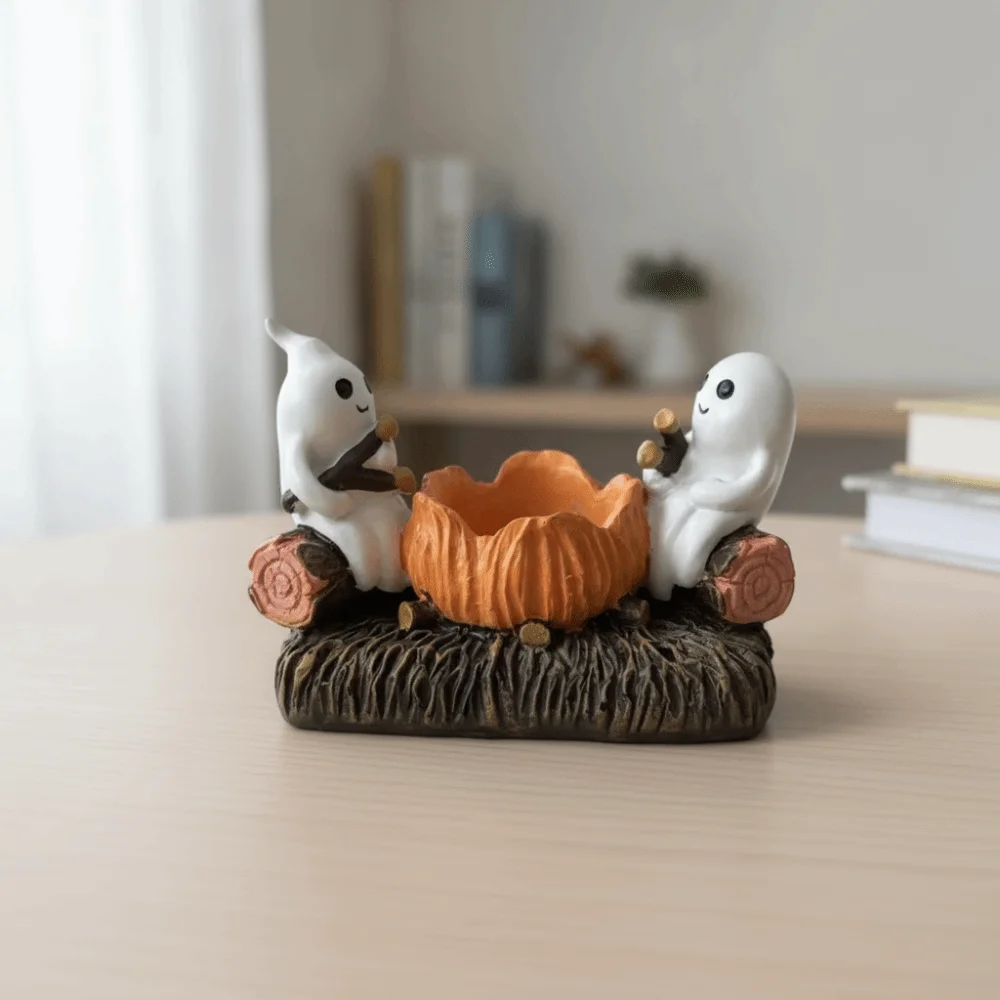 Cartoon Ghost Campfire Flickering Candle Holder Removable Firewood Pile Decorative Halloween Desk Ghost Torch Figurine Resin
