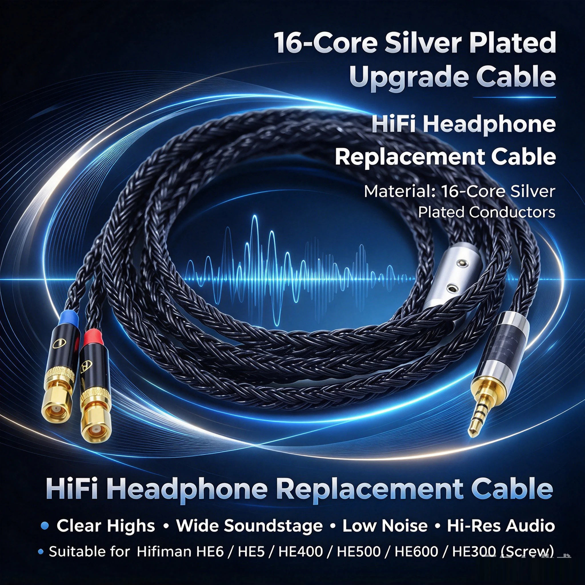16 Core Bright-Black Headphone Replace Upgrade Cable for Hifiman HE6 HE5 HE400 HE500 HE600 HE300 (Screw)  Earphone