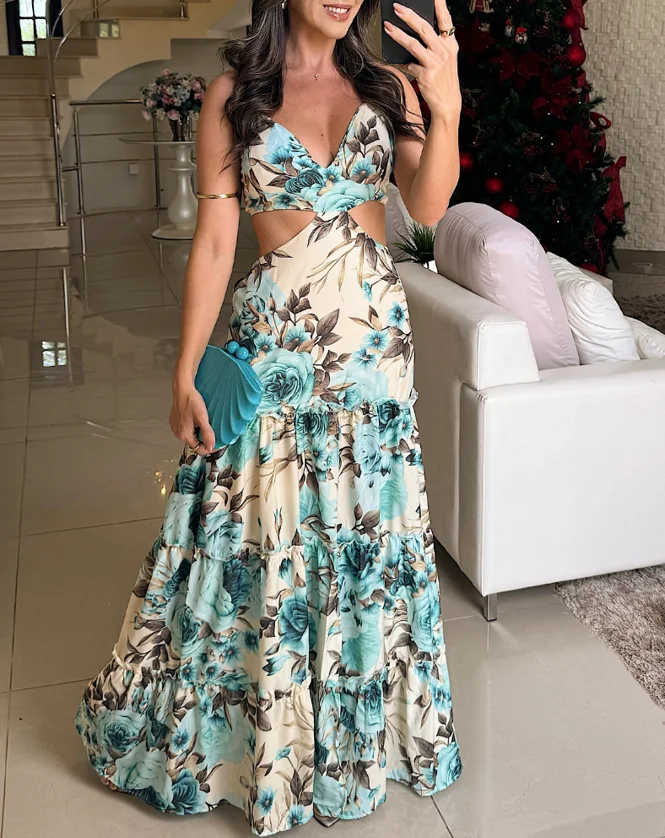 

New Fashion 2025 Summer Sexy Elegant Floral Print Halter Sleeveless A Line Mini Dress Sexy Waist Hollow Out Vacation Dress