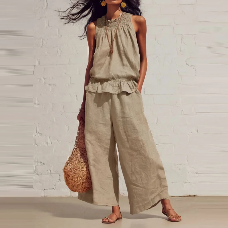 

Casual O-neck Sleeveless Vest & Wide Leg Pant Set Fashion Simple Cotton Linen Solid Outfits Women Elegant Lotus Leaf Edge Suits