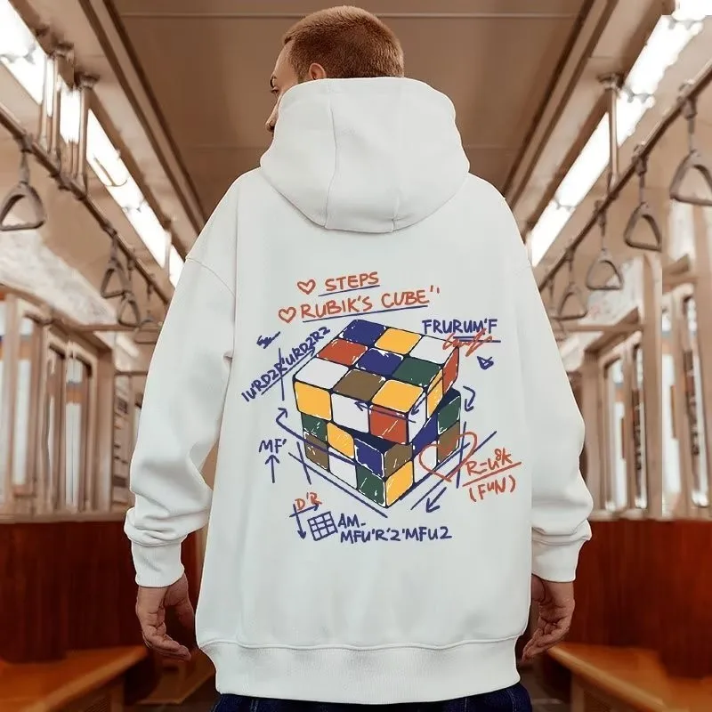 【M-8XL هوديس】الرجال كنزة بمقاس كبير هوديي موضة فضفاضة متعددة الألوان مكعب روبيك الباندا طباعة كم طويل ملابس الزوجين