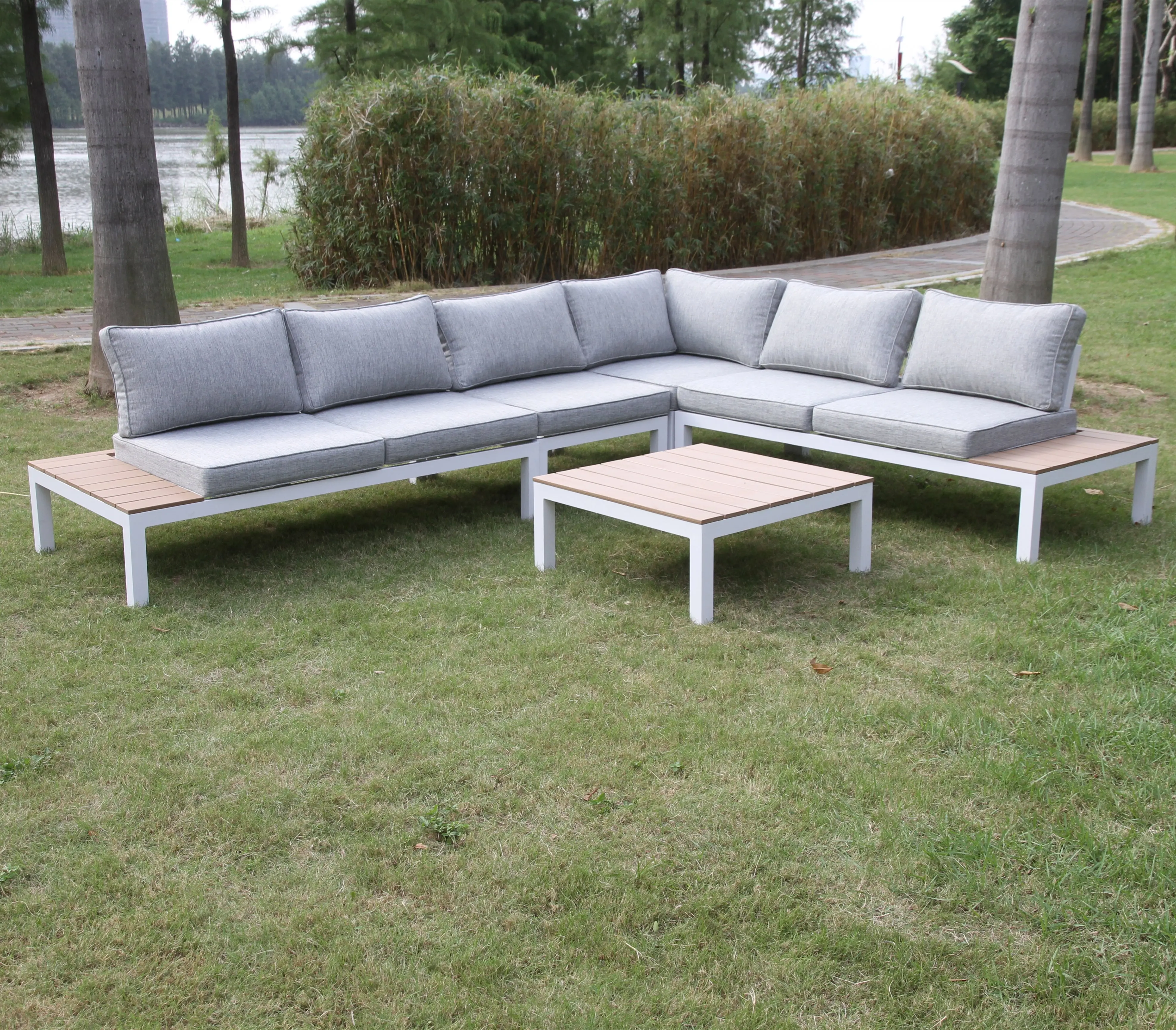 modern sectional lounge chair wooden  aluminum L shape sunbed garden sofa set outdoor furniture