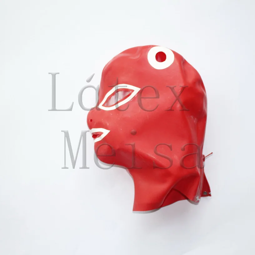 Latex hoods rubber masks open eyes nostrils and mouth and including hair holes in red with white trim colors