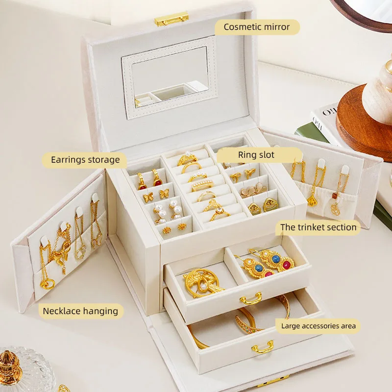 Multi-functional Three-layer Flannel Drawer-style Jewelry Box Earrings Lock Jewelry Box Necklace Ring Storage Box for Women Gift