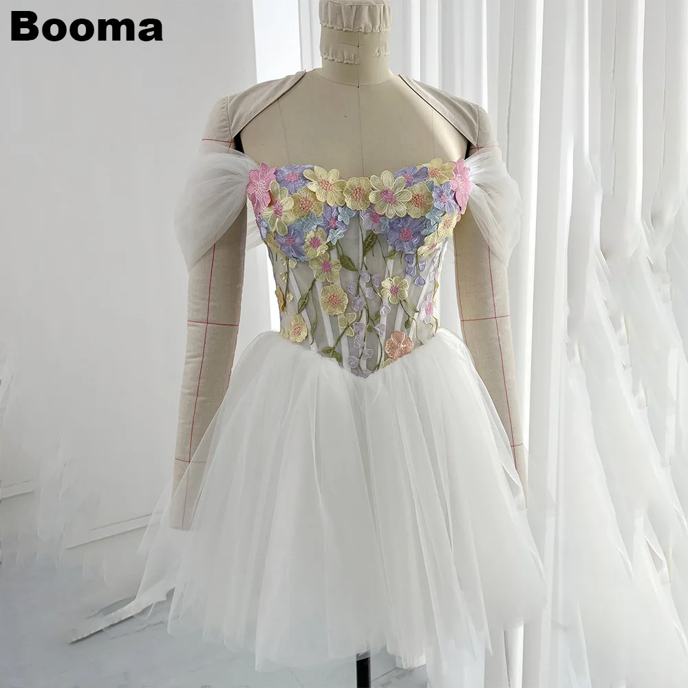 

Booma White Embroidery Floral Mini Prom Dresses 3D Flowers Off Shoulder Fairy Cocktail Dresses Homecoming Birthday Party Gowns