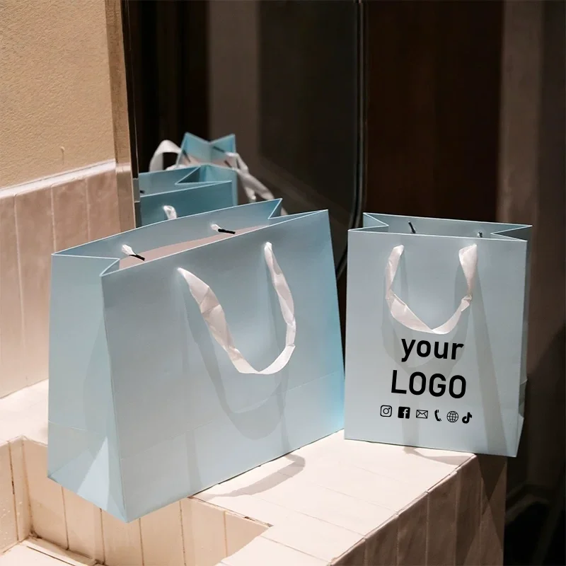10 bolsas de tela azul cielo para ropa, bolsas de regalo personalizadas, bolsas de embalaje para regalos de fiestas, admiten logotipo personalizado