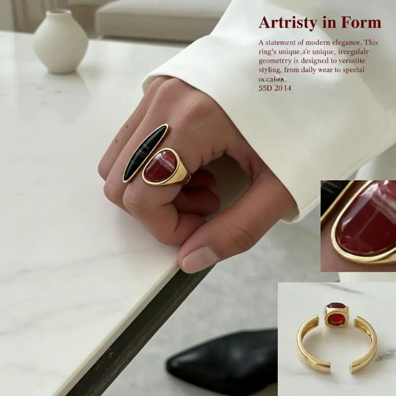 Modischer Unregelmäßiger Edelsteinring, Einzigartiger Verstellbarer Leichter Luxus-Ring im Retro-Geometrischen Design, Schmuck, Urlaubsaccessoire, Geschenk – Detail 10