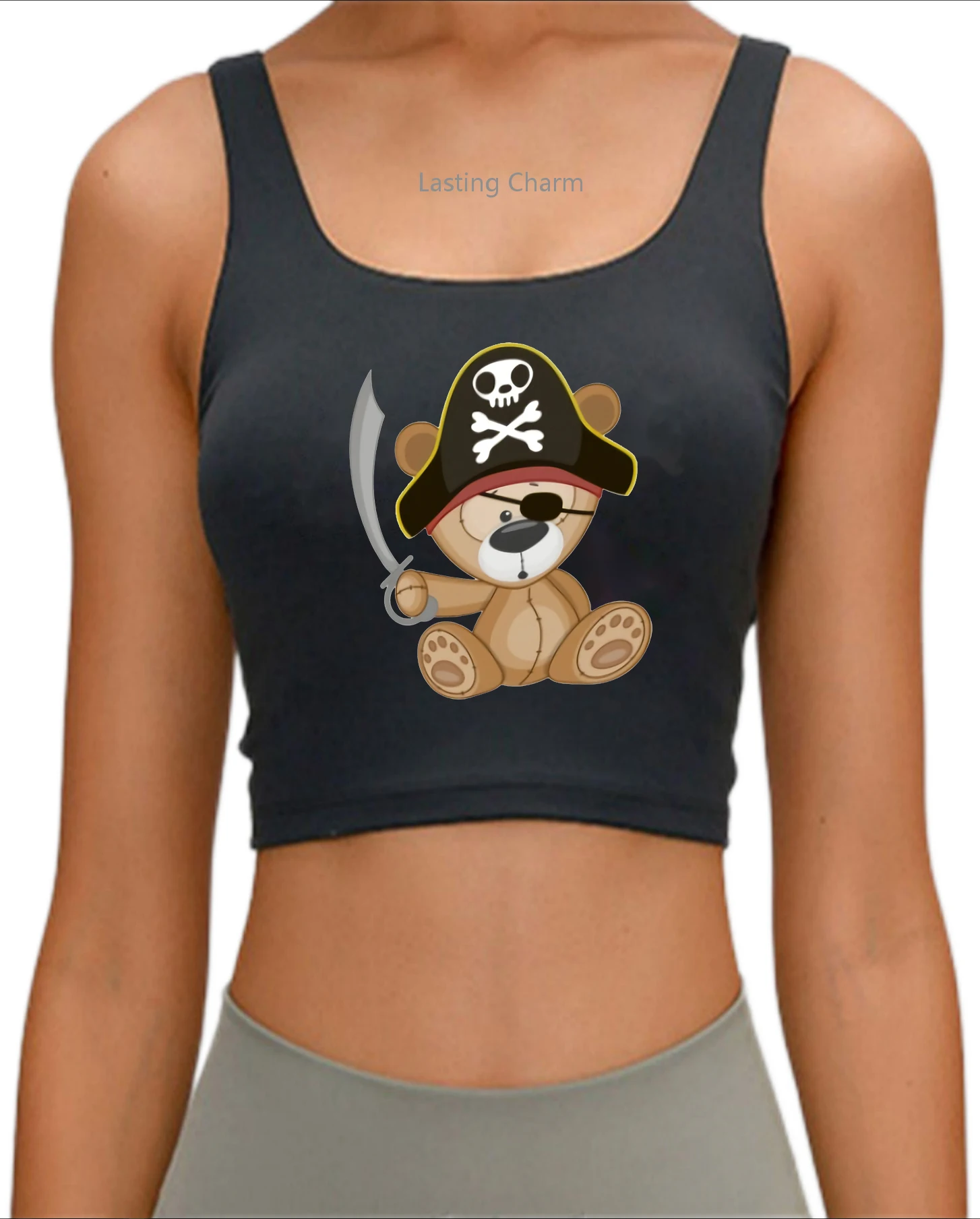 Little pirate bear pattern crop top animal printing Ladies casual sports top