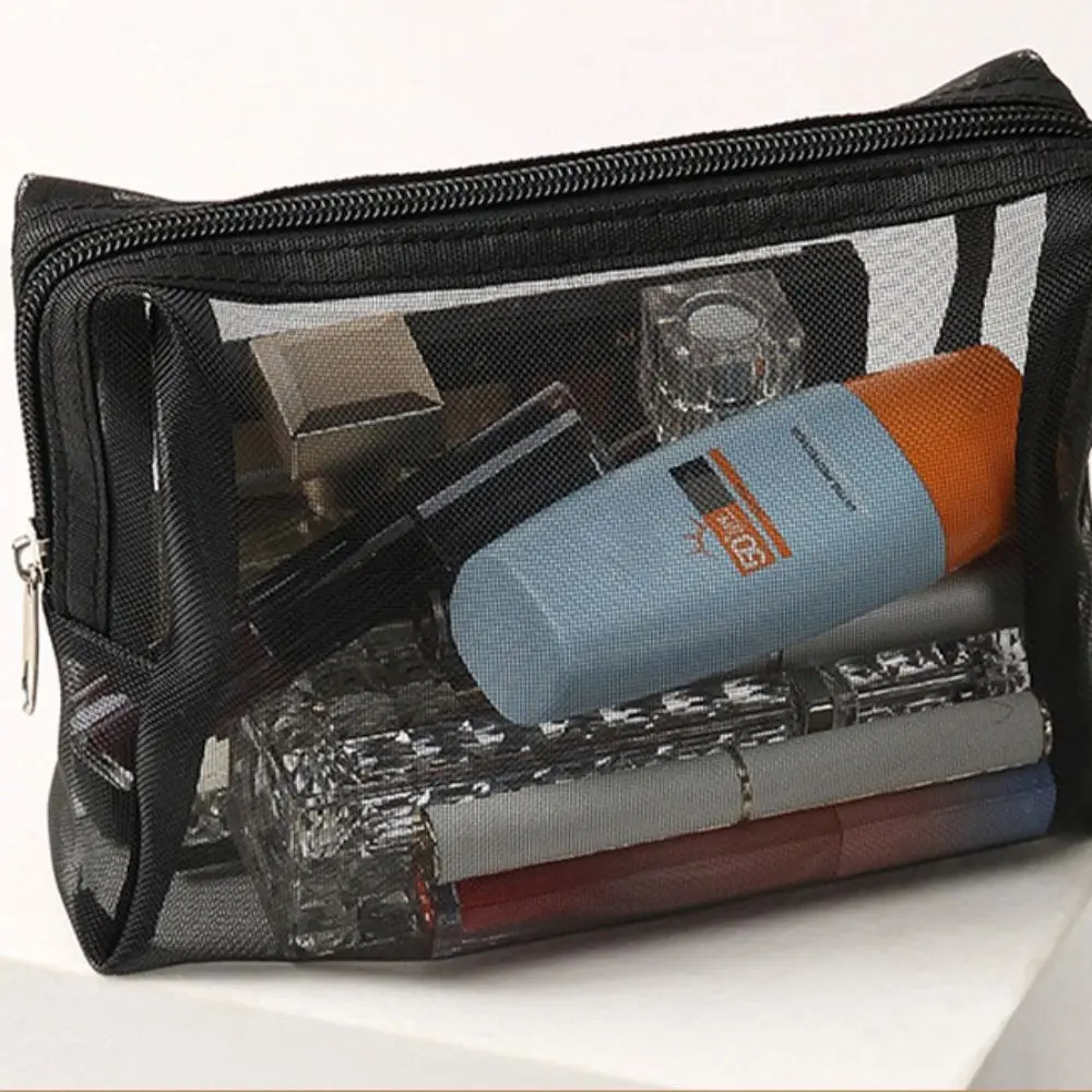 Solid Color Mesh Cosmetic Bag Large Capacity Zipper Transparent Makeup Bag Organizer Case Toiletry Bag for 3Pcs/Set