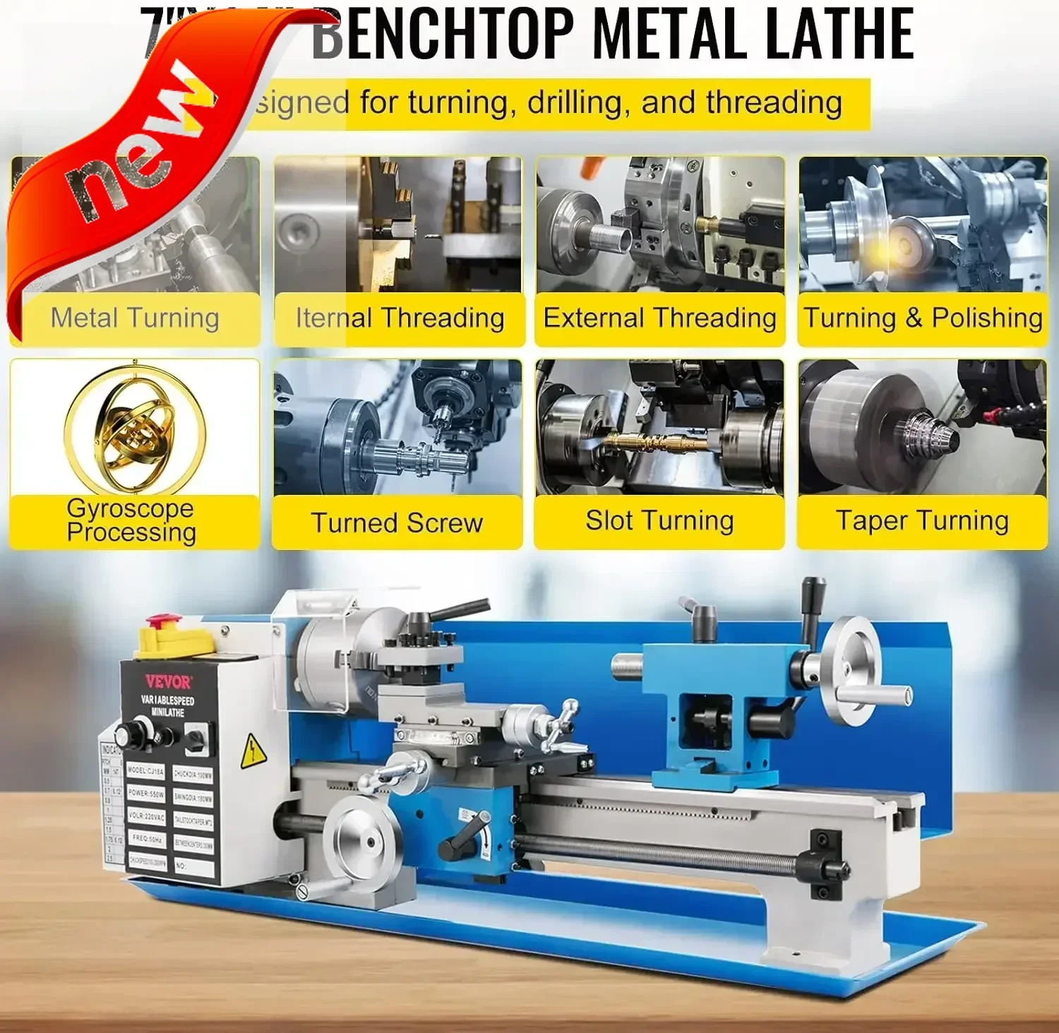 Mini torno de metal, torno de metal de sobremesa de 7 "x 14", con mini torno CNC de mandril de 3 mordazas, mini torno de precisión con pantalla digital