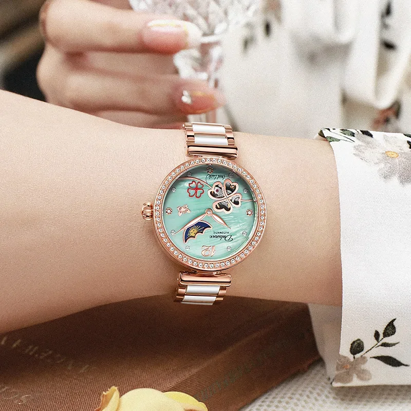 Women's Diamond Set Automatic Hollow Tourbillon Mechanical Watch Waterproof Ceramic Watch Glow-in-the-dark Sports Watch