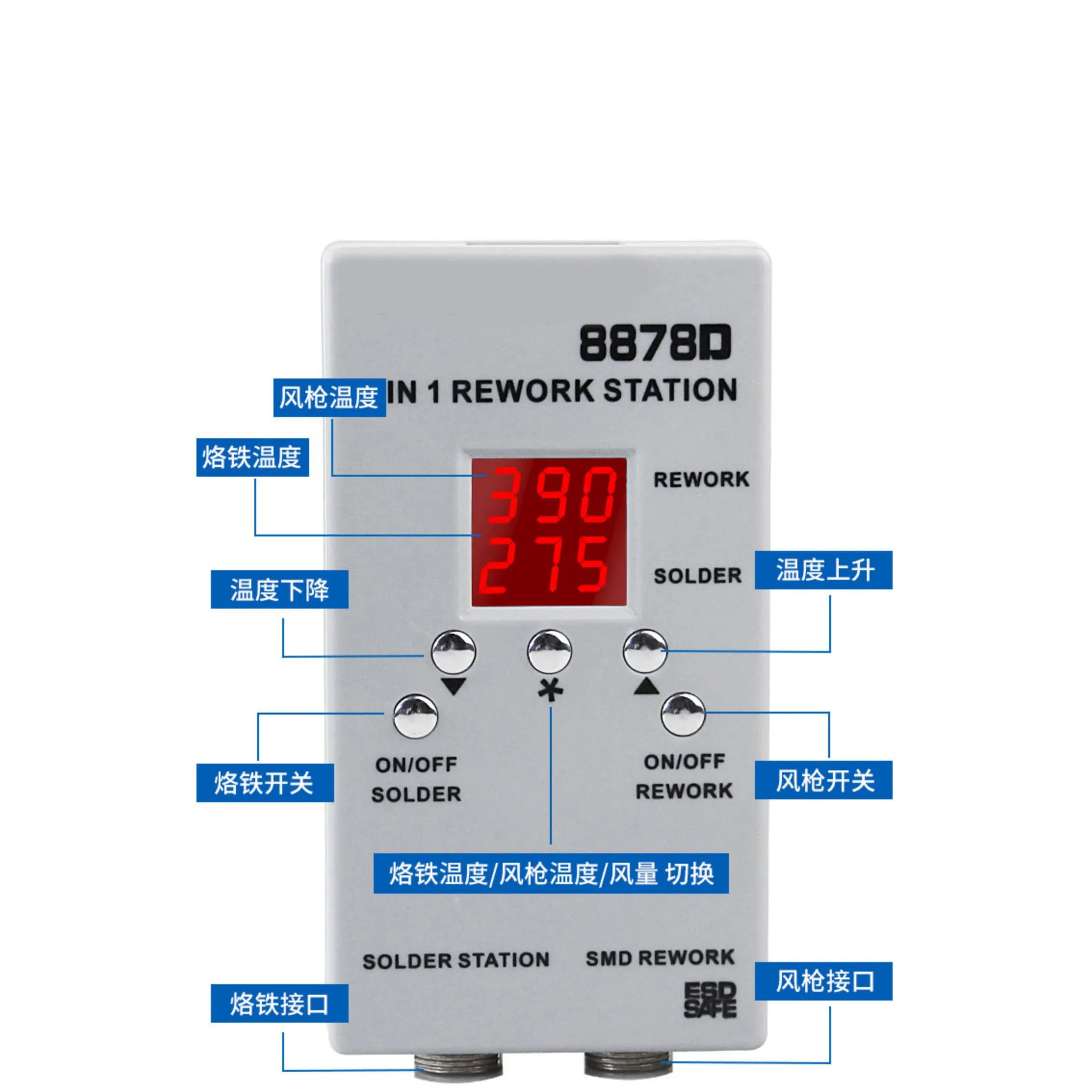 8878D EU 220V Double Digital 2 In 1 SMD Rework Soldering Station Hot Air Blower Heat Gun Welding Solder Iron Repair Tool