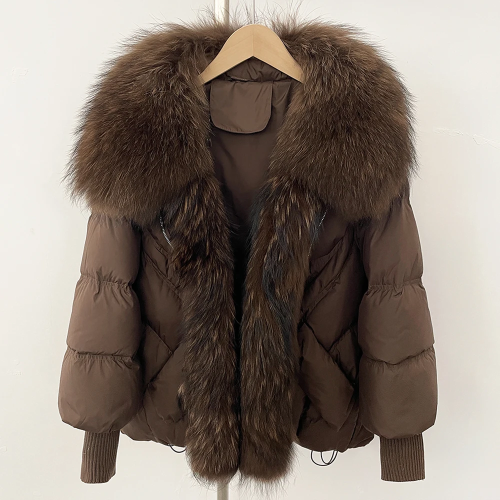 Daunenjacke Winter Großer echter Waschbärpelz Strickärmel Warmer echter Pelzmantel Pufferjacke Damen Dicker weißer Entendaunenmantel Übergröße