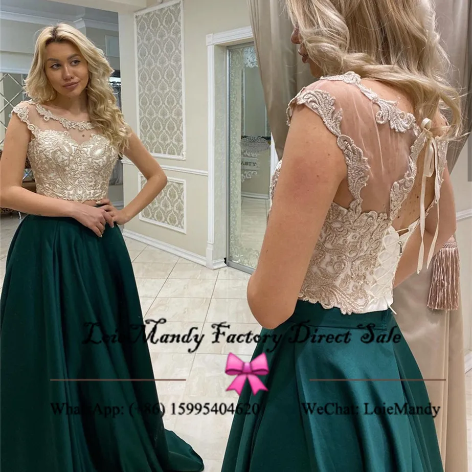 Two Pieces Prom Dresses Long Sheer Champange Lace Evening Party Dress For Women Green Satin Formal Occasion Gowns