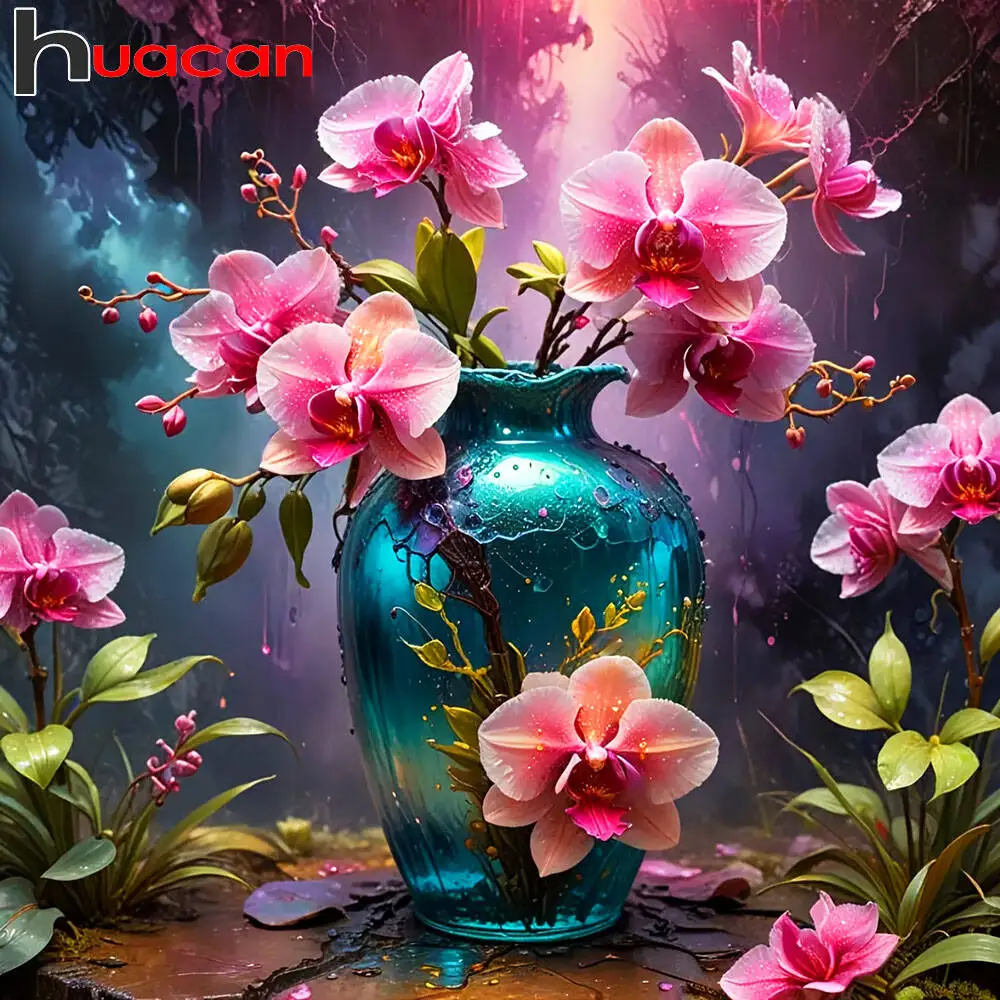 Huacan 5D-Diamantgemälde, Orchideenvase, Diamant-Mosaik, Blume, komplettes Set, Heimdekoration