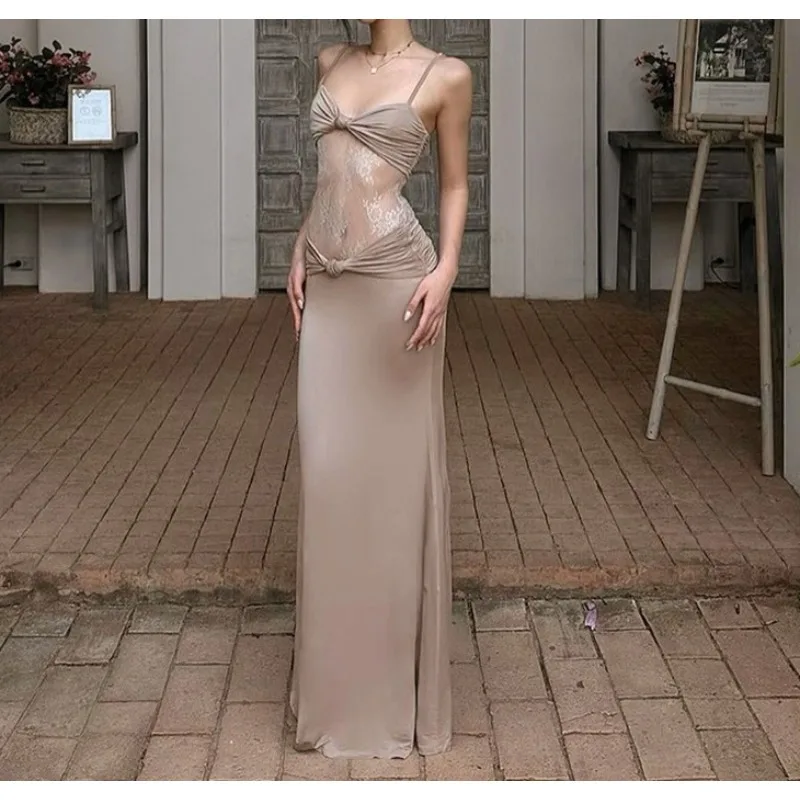 

2025 Summer New Women's Summer Solid Color Suspender Back Sleeveless Lace Patchwork Dress