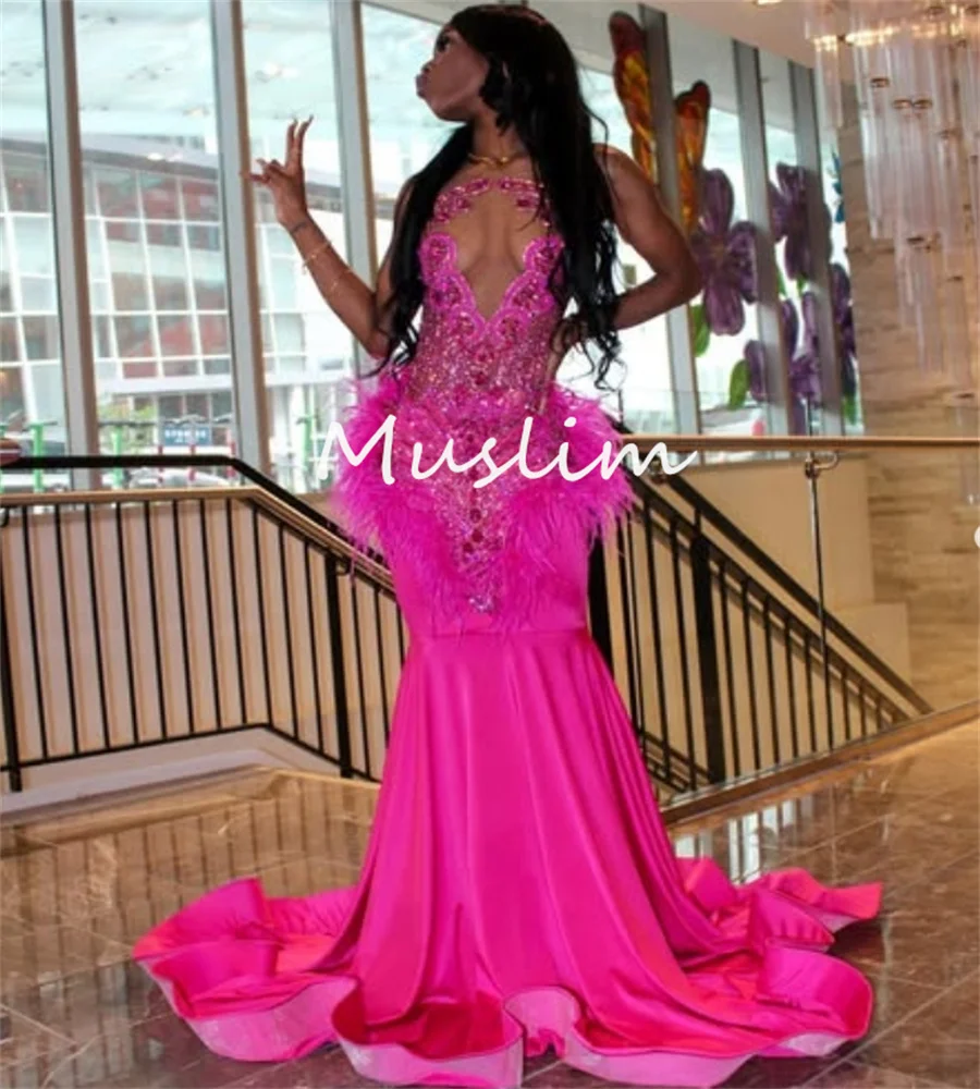 Luxury Rhinestone Hot Pink Prom Dress Mermaid Plus Size Feather Birthday Dress Illusion Aso Ebi African Evening Gown Customized