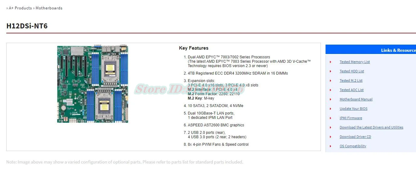 H12DSi-NT6 Motherboard EPYC 7003/7002 Series Processors, Dual 10GBase-T LAN ports