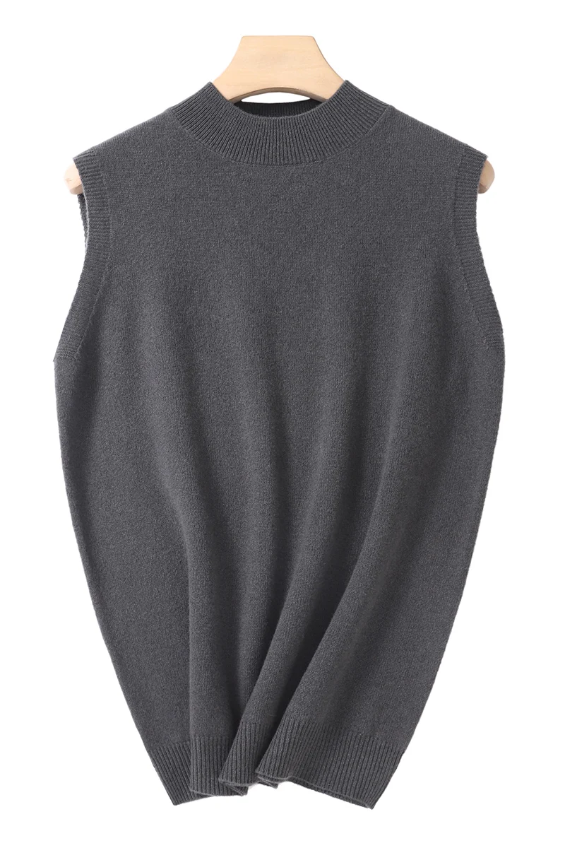 Women Autumn Winter 100% Merino Wool Sleeveless Mock Neck Knitted Vest, Solid Color Soft Knit Good Stretch Basic Waistcoat Top
